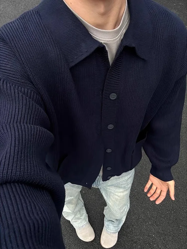 

American Retro k Blue Knitted Open Cardigan Men's Autumn Winter Warm Casual Versatile Lazy Sweater Jaet Loose Fit Long S...