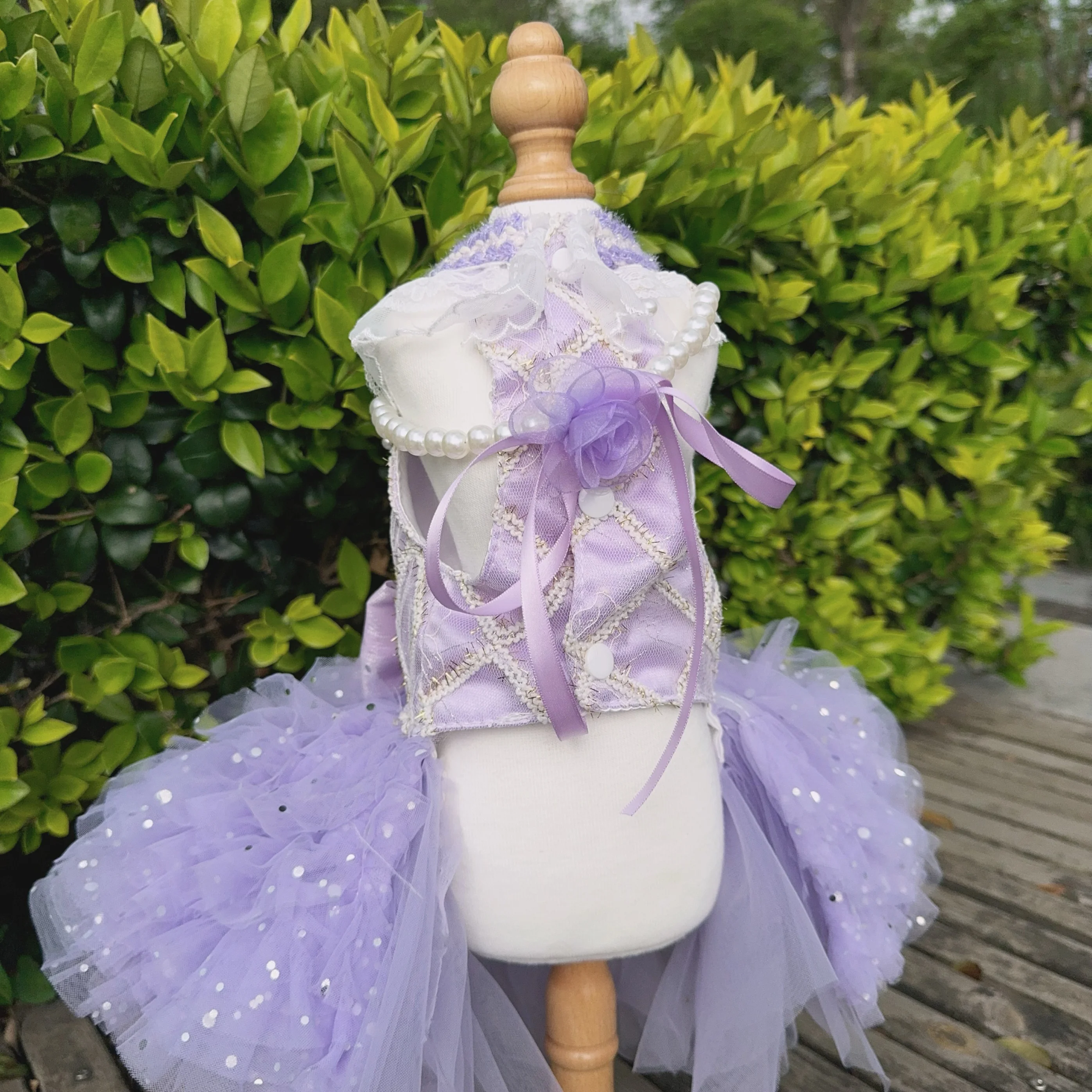 High-end Luxury Purple Pet Dog Clothes Fashion Spring Summer  Handmade Pearl Bow Lace Princess Dress For Small Medium Dog Poodle