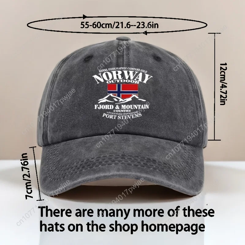 Klassieke gewassen baseballpet met "Norway" printpatroon op de hoed. Verstelbare hoed, ideale zonnehoed voor buitenactiviteiten, unisex