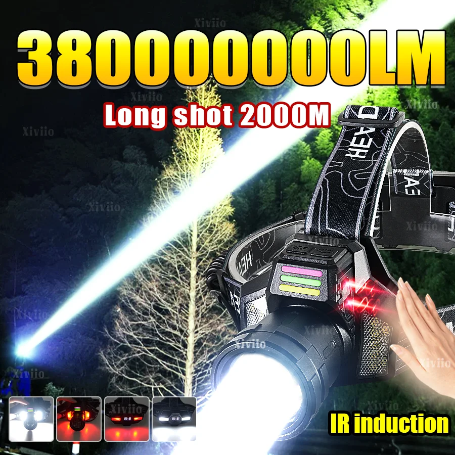 

Ультра яркий светодиодный налобный фонарь 38000000LM с ИК-датчиком, перезаряжаемый налобный фонарь типа c 18650, фонарь аккумуляторный, Светодиодный фонарик высокой мощности, мощный рабочий фонарь для рыбалки