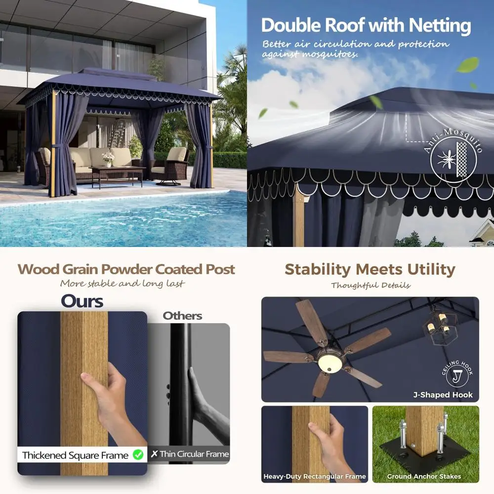 

10x13 outdoor gazebo with double roofs, sturdy metal frame patio soft top gazebo, patio canopy with privacy curtains & mosquito