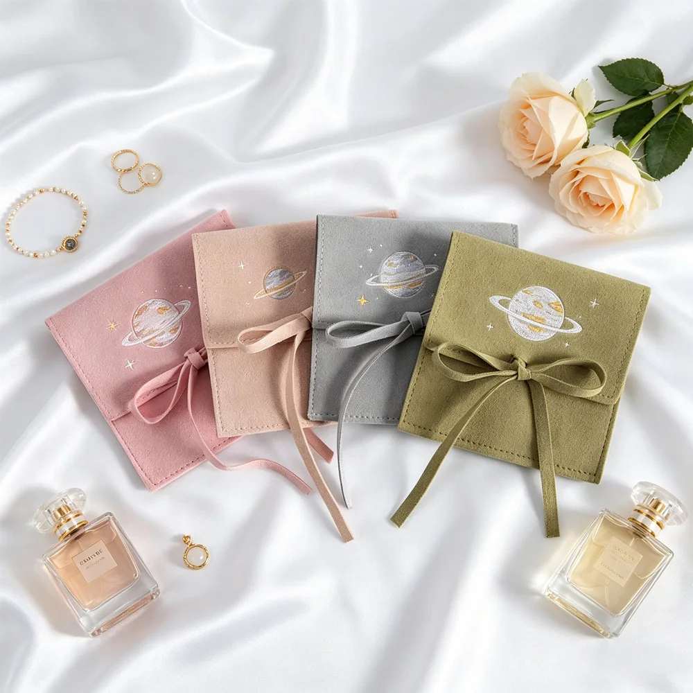 

Bulk 8x8cm Microfiber Jewelry Bag with Rope Customized Embossed Logo Wedding Favors Candy Organizer Pouch Earrings Storage Bag