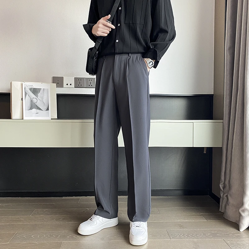 Spring Summer Men Suit Pants Wide Leg Long Drape Trousers Fashion Streetwear Clothing Solid Stretch Waist Oversize Pants Black