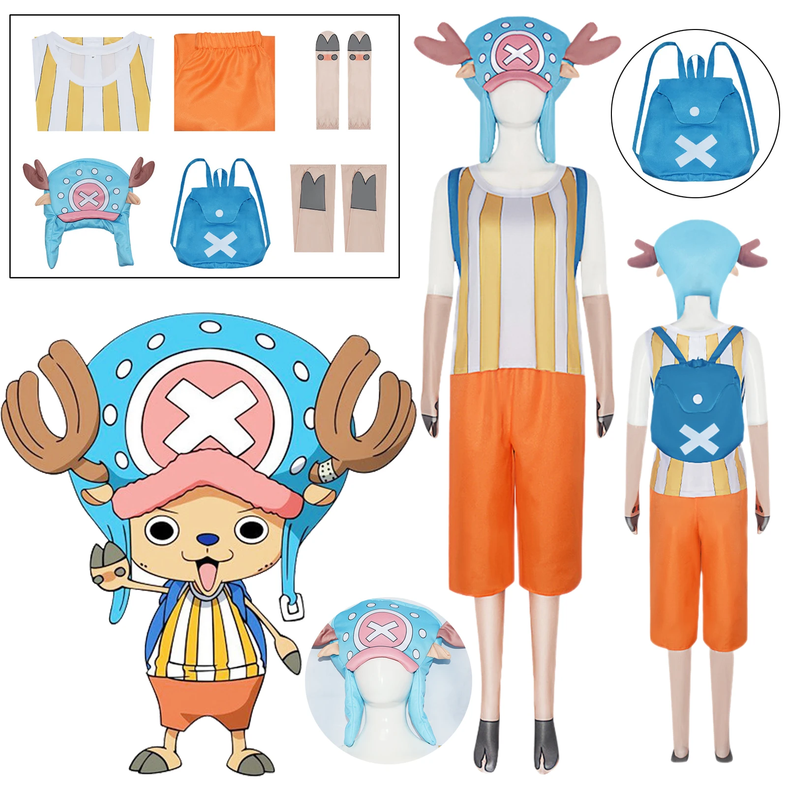 

Чоппер Косплей Аниме Тони Костюм Шляпа Сумка 2-летняя позже Желтая полоска Футболка Синий Полный комплект Наряд Хэллоуин Костюм для женщин и мужчин