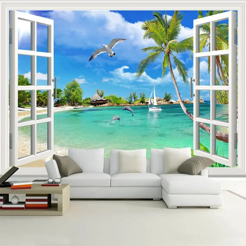 Custom Mural Wallpaper Seaside Dolphin Seagull Beach Photo Wall Papers Living Room TV Bedroom Home Decor Fresco Papel De Parede