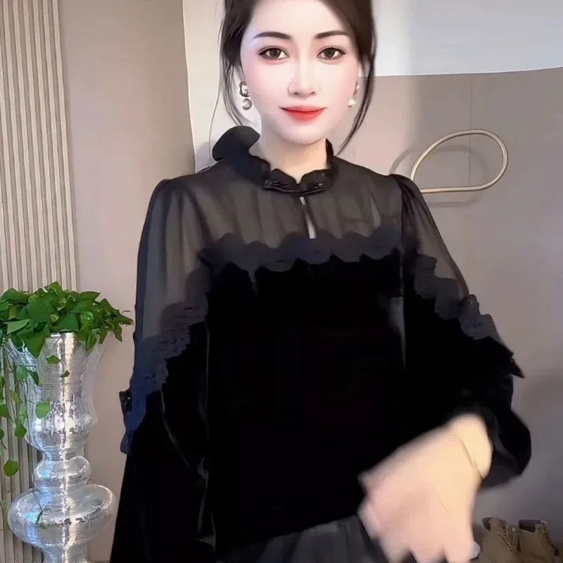 2024秋冬新作 パッチワーク ゴールドベルベット トップス 韓国風 多機能 スリムシャツ ベースシャツ レディース インナーシャツ 長袖シャツ