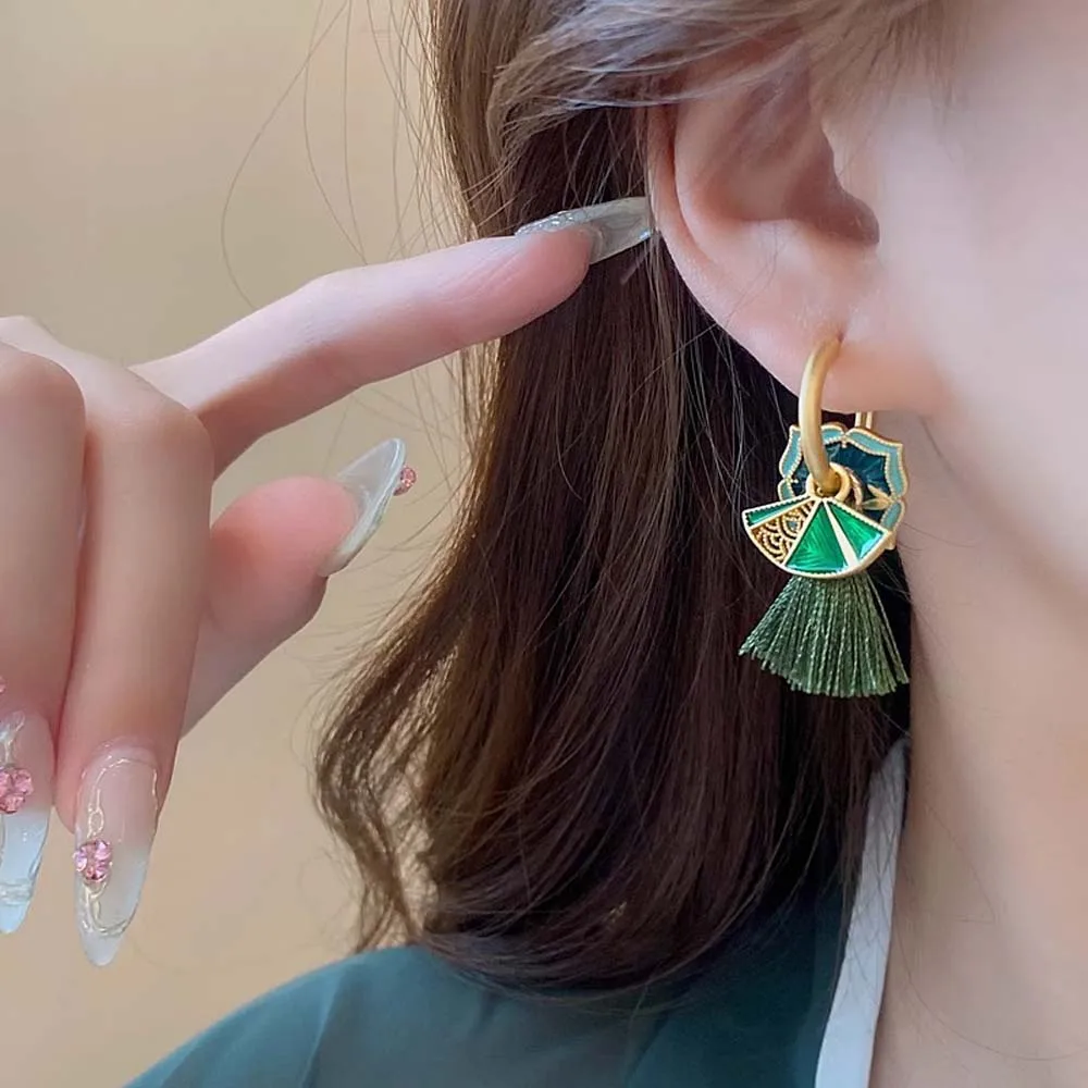 Fashion Enamel Water Drop Glaze Fan Hanfu Tassel Earrings Chinese Antique Cheongsam Pendant Ear Hook Hanfu Jewelry