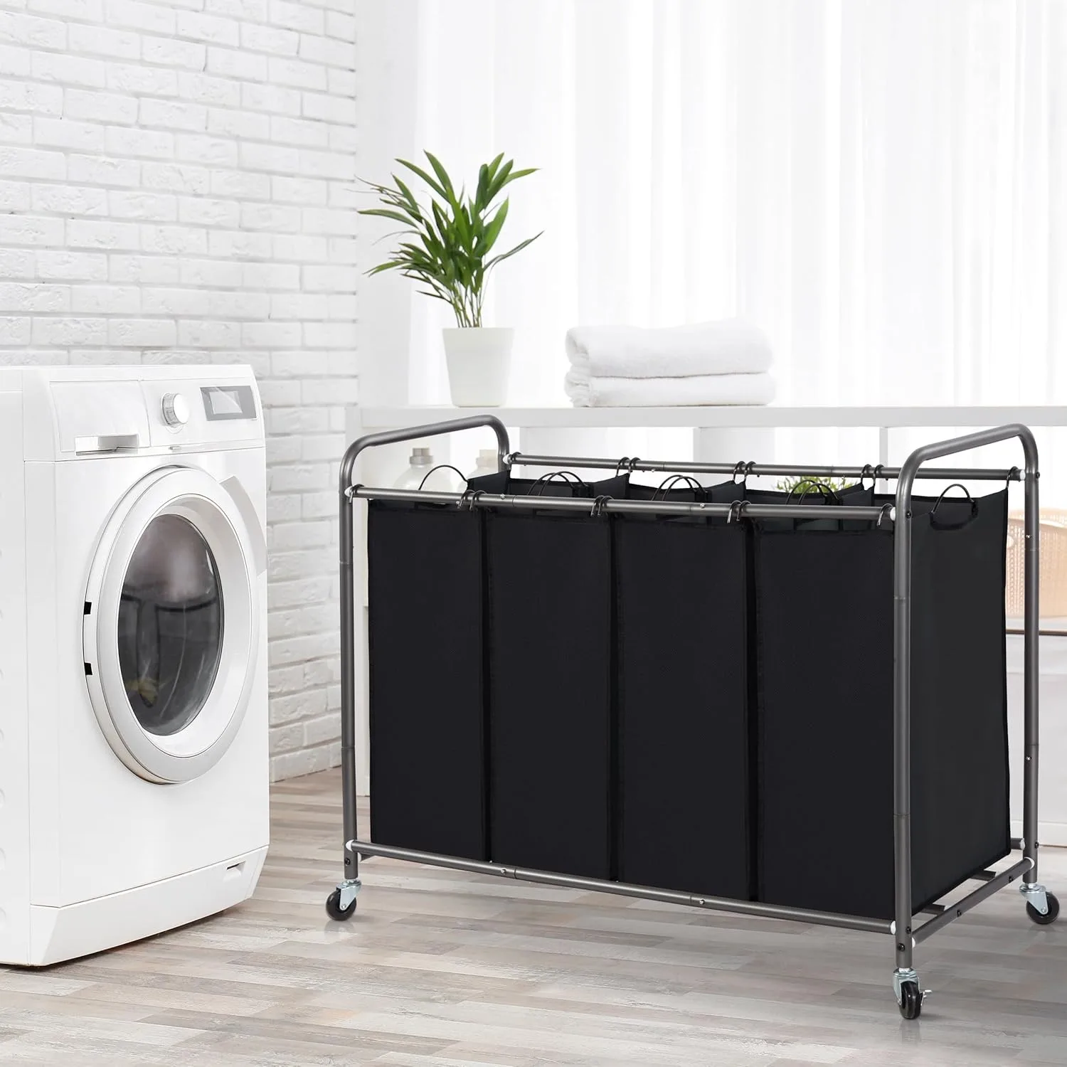 Penyortir Binatu 4 Bagian, Hamper dengan Roda dan Tas Dapat Dilepas, Hitam