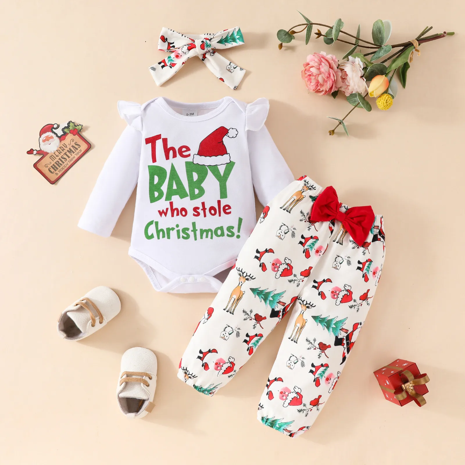 

Baby My First Christmas Clothes Cute Outfits Infant Boys Girls Long Sleeve Christmas Letter Romper Bodysuit Cartoon Prints Pants