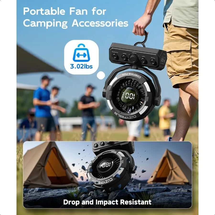 مروحة محمولة قابلة لإعادة الشحن ومروحة تخييم متعددة الاستخدامات مع خطاف إضاءة LED ماكس 80 ساعة وقت التبريد يعمل بالبطارية 100 سرعات 180 أوسيل