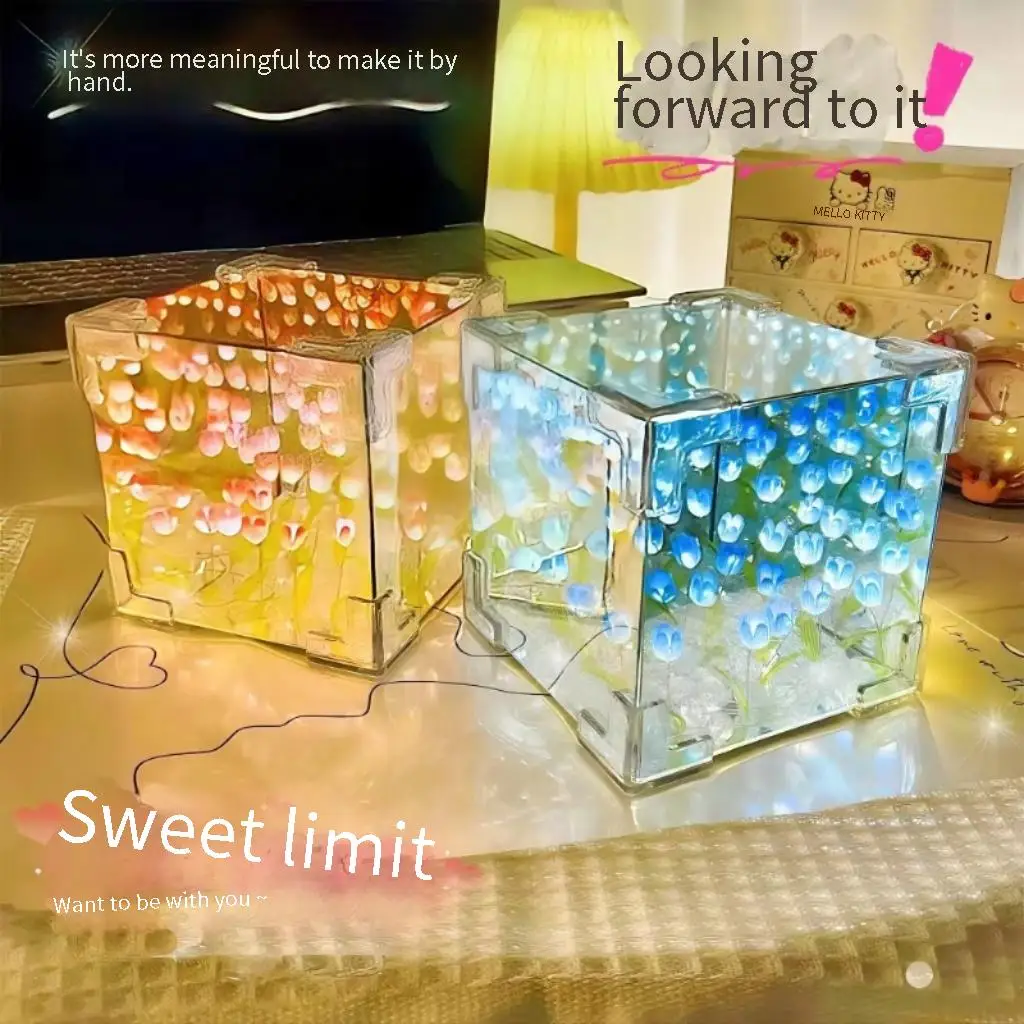 1pcs Handmade DIY Flower Cube Tulip Stereo Night Light Material Package for Girlfriend Couple Birthday Gift