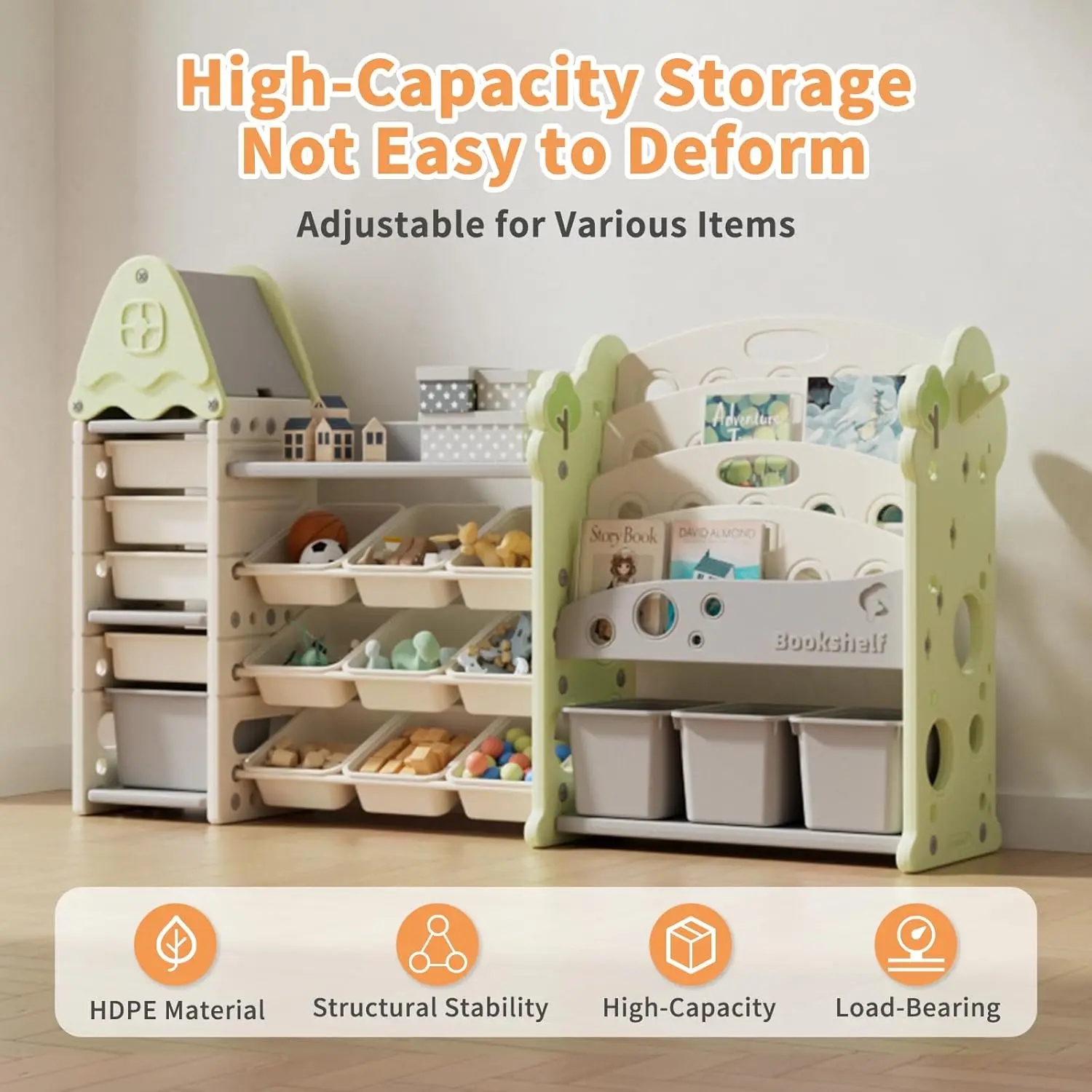 어린이 장난감 정리함, 17개의 수납함, 4단 캐슬형 수납장, 놀이방용, 그린