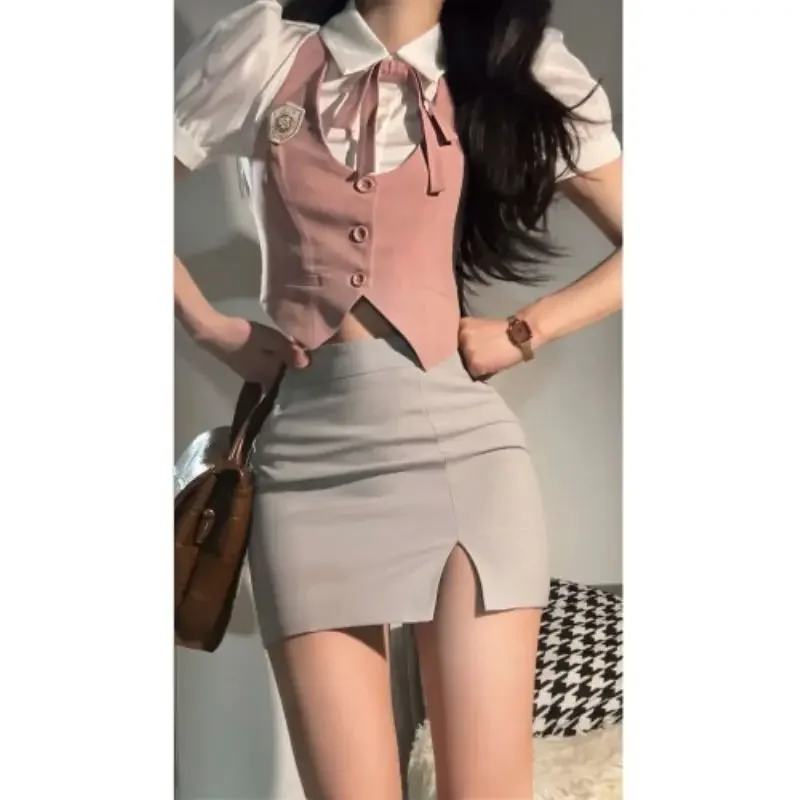 Süße Rosa Fliege Jk Anzug 3 stücke Japanischen Uniform 2023 Sommer Mode Hohe Taille Tasche Hüfte Rock Koreanische Schule uniform Sailor Fuku