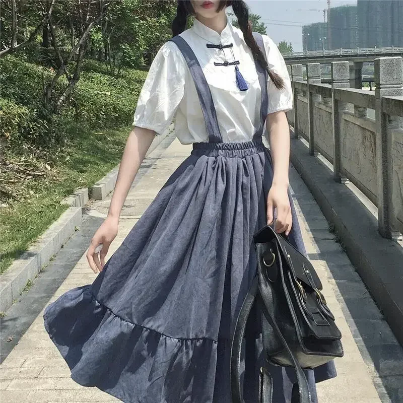 

New Sweet Women Skirt Preppy Style Strap Long Skirt Ruffles Loose Cute Student Casual Skirt Female Skirts 2024 HOT