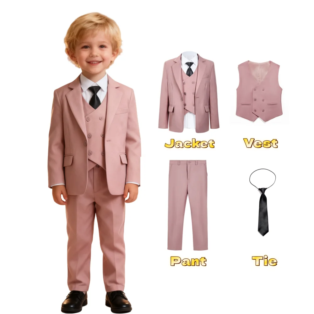 Four Pieces 3-14 Yrs Boys Suit Set for Wedding, Solid Regular Fit Kids Tuxedo, Ring Bear Suit Jacket Pants Vest Tie Set Toddler