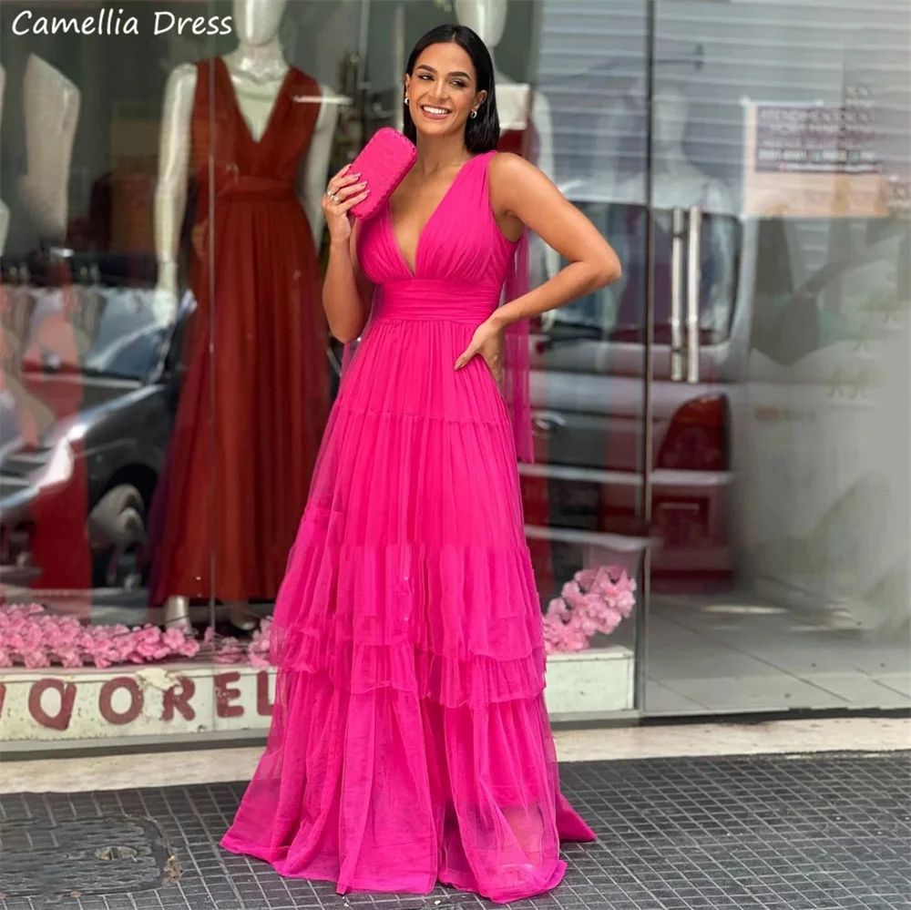 Vermelho de Tule Em Camadas Vestidos de Baile Sexy Com Decote Em V Vestidos de Noite Lindo Plus Size Personalizado Vestido de Festa Vestidos De Fiesta فستان سهرة