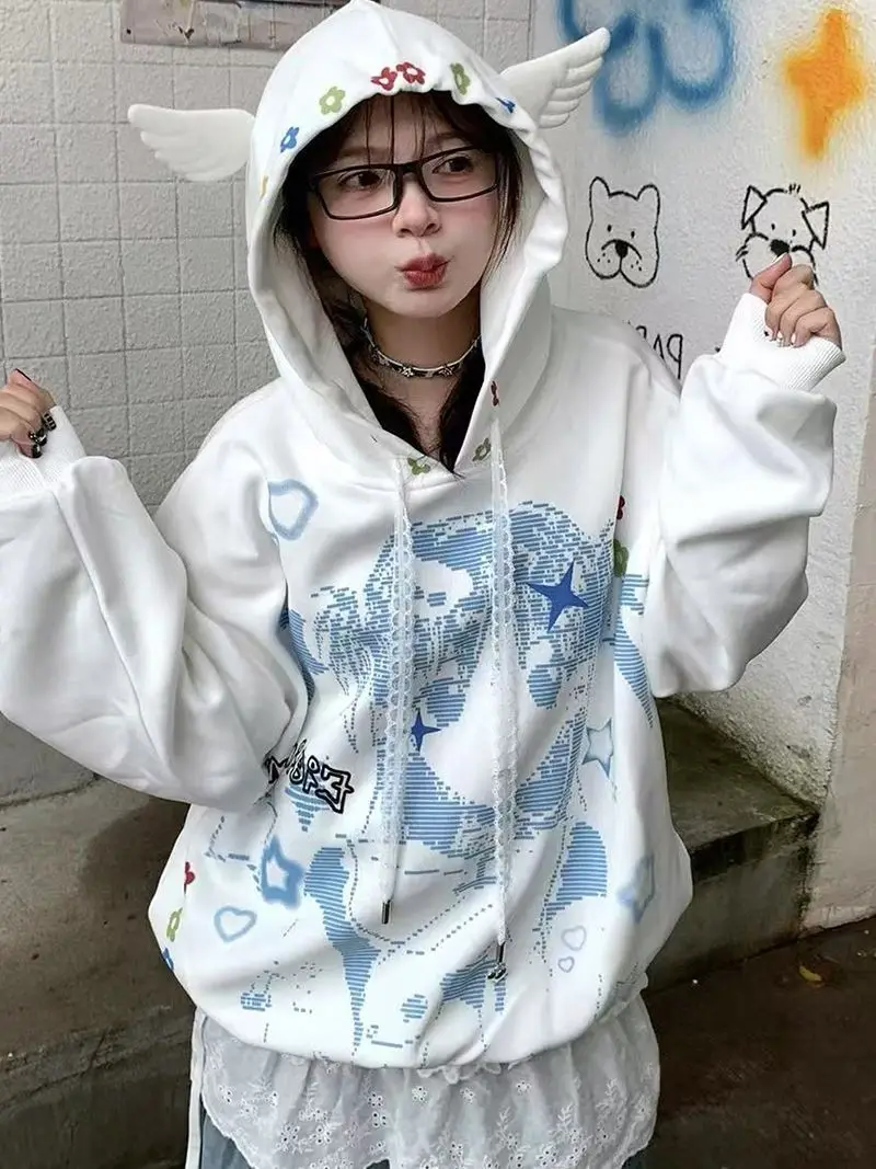 

Y2k Kawaii Sweatshirts Long Sleeve Hoodie Women Sweet Cartoon Print Zipper Streetwear Casual Hood Japanese Cute Style Women Tops