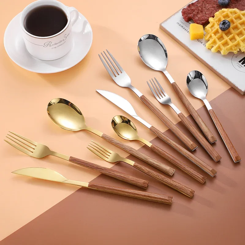 Stainless steel tableware household long handle knife fork spoon Western tableware dessert wooden handle small spoon dinnerware