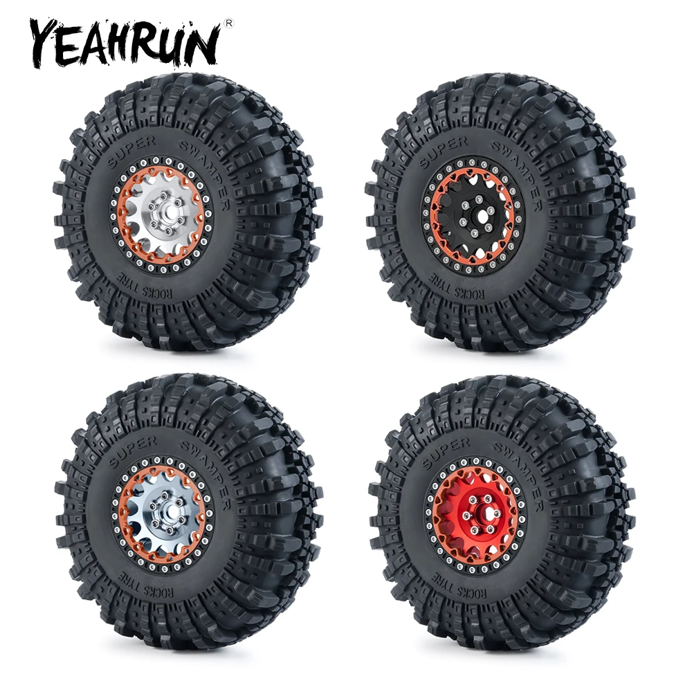 YEAHRUN 2.2 inch Aluminum Alloy Beadlock Wheel Rims + Rings + Rubber Tyre Tires for TRX-4 Axial SCX10 Wraith 1/10 RC Car Parts