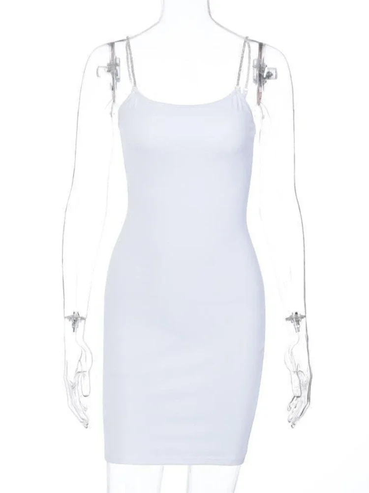 Sexy Rhinestone Shoulder Strap Sleeveless Slim Bodycon Dress Women Girdling Waist Skinny Mini Dress Elegant Club Party Vestidos