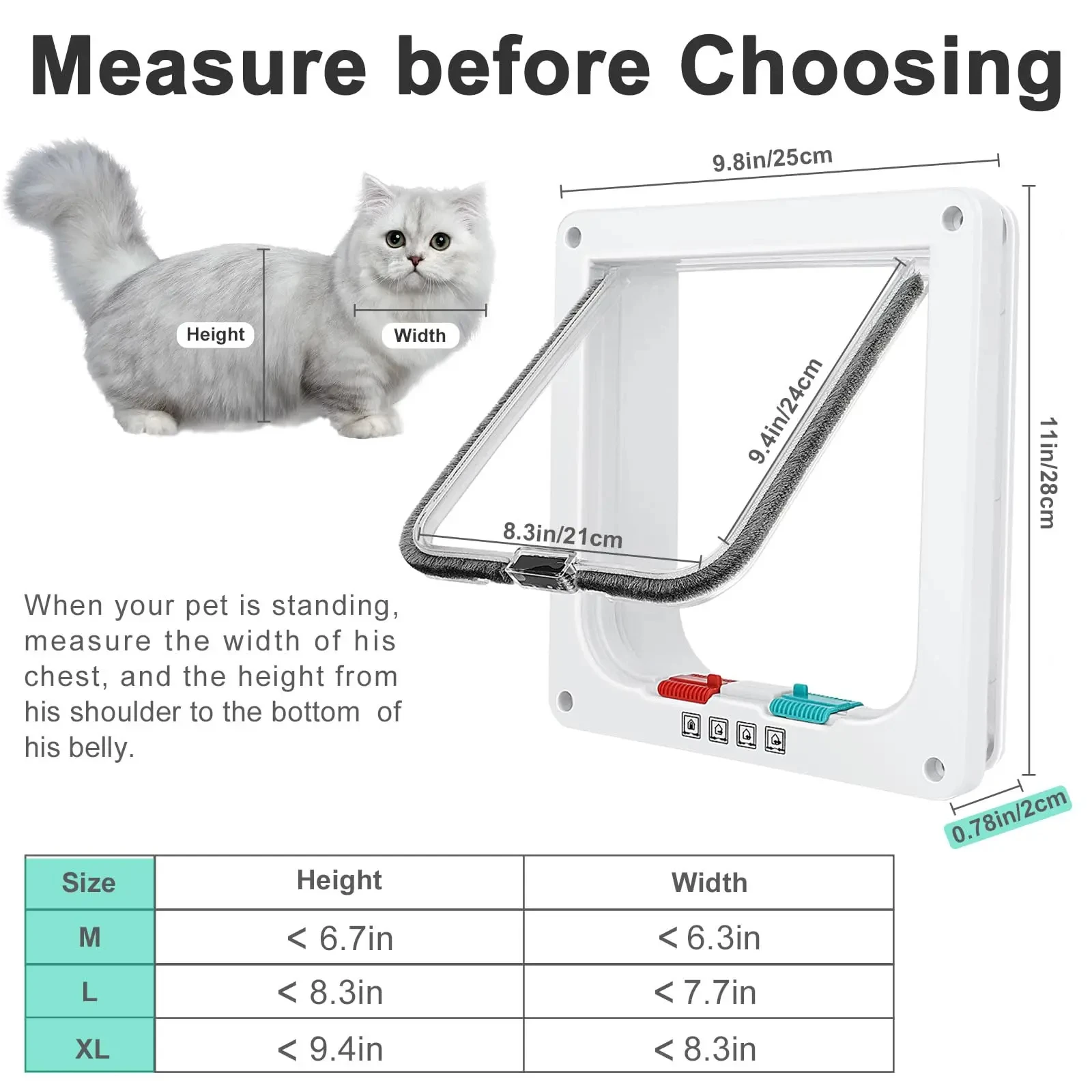 Weather Proof Cat Door 4 Way Locking for Cat up to 20 lbs for Interior Doors, Cabinet, Garage Doors 4 Sizes Pet Door