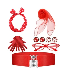 7 Pcs 50's Women Costume Accessories Scarf Polka Dot Cat Eye Glasses Bandana Tie Headband Earrings Gloves Waistband