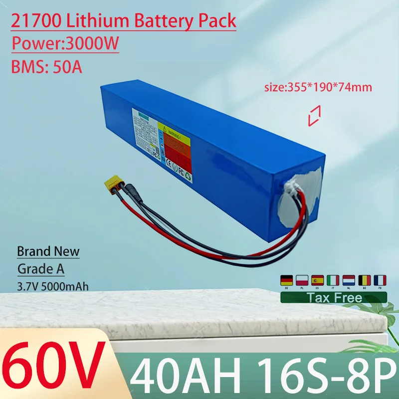 60V 40Ah 21700 16S8P Lithium Ion Battery Pack 3000W Power Tool Batteries Outdoor Backup Batteries With 50A BMS+67.2V 5A charger