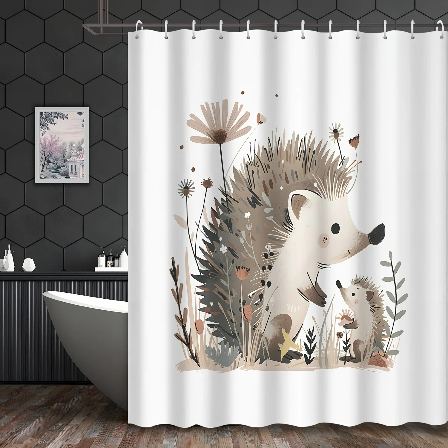 

Cute cartoonish gray hedgehog Washable Dirt-Resistant Shower Curtain Shower Head waterproof Polyester Bath Curtain
