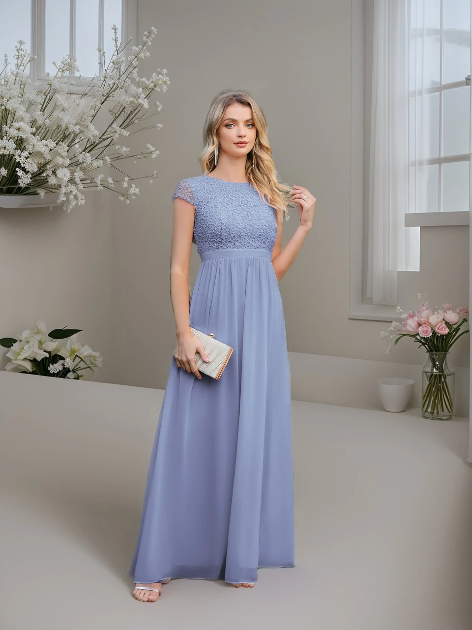 

Элегантные платья для выпускного вечера длиной до пола, кружевное лоскутное вечернее платье с короткими рукавами и круглым вырезом, шифоновое плиссированное вечернее платье трапециевидной формы в стиле ампир