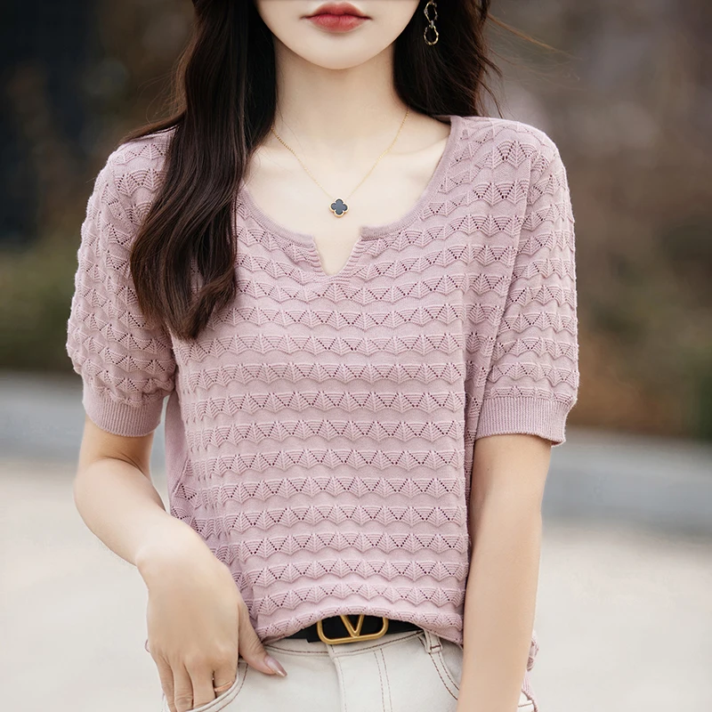 Women's T-shirt Spring/Summer 100% Cotton Sweater Short Sleeve Casual Loose Knitwear Ladies Tops V Neck Blouse Pullover Hollow