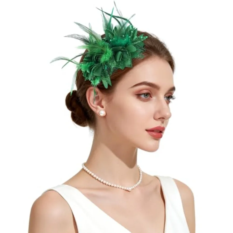 Womens Fascinators Hats Tea Party Hats for Women, Feather Pearl Headband for Wedding Cocktail Dresses Accessories