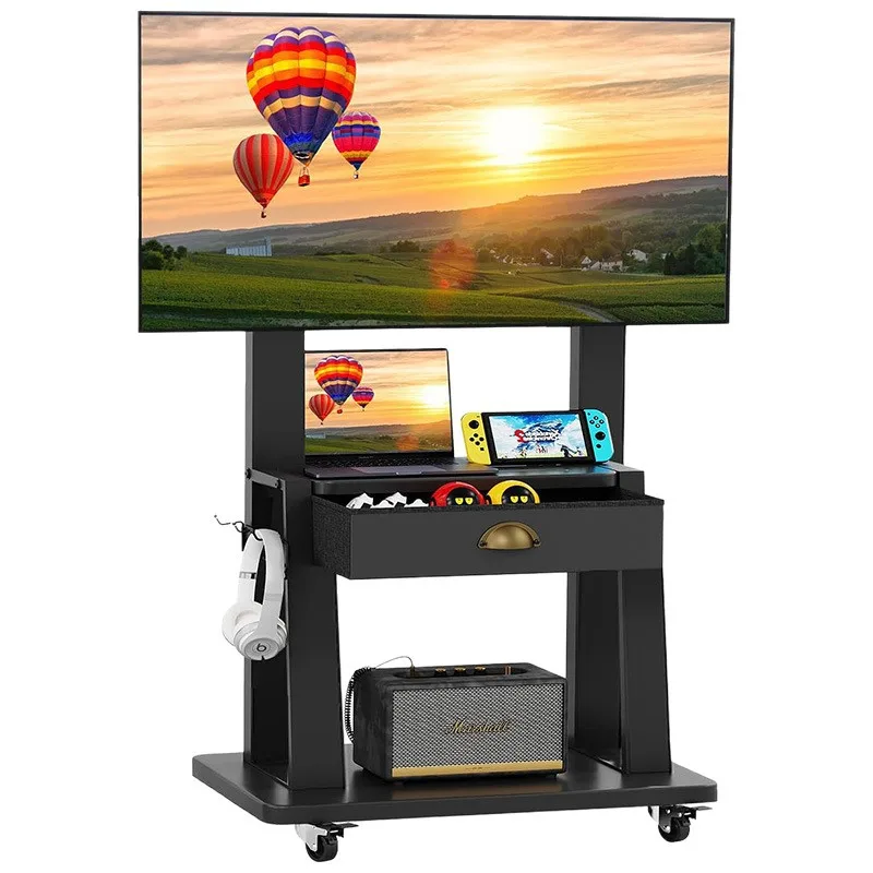 

Mobile TV Stand with Drawer Floor Cart Adjustable Height Rolling TV Stand Cart