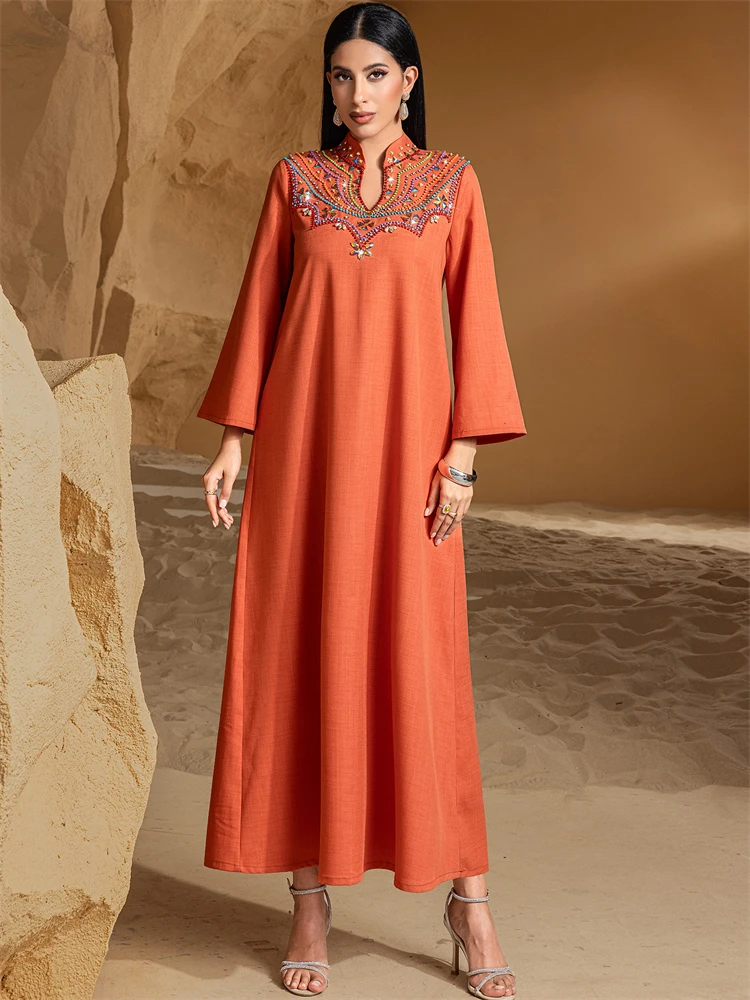 

Ramadan Eid Orange Satin Abaya Dubai Luxury Prayer Muslim African Dresses For Women Robe Femme Musulmane Kaftan Vestidos Longos