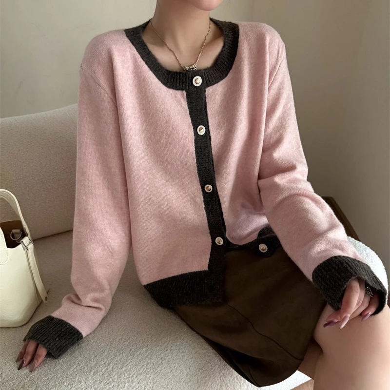 

2026 Women Knitted Cardigan Sweaters Patchwork Jumpers Color Spliced O Neck Long Sleeves Single Breasted Casual Autumn Winter