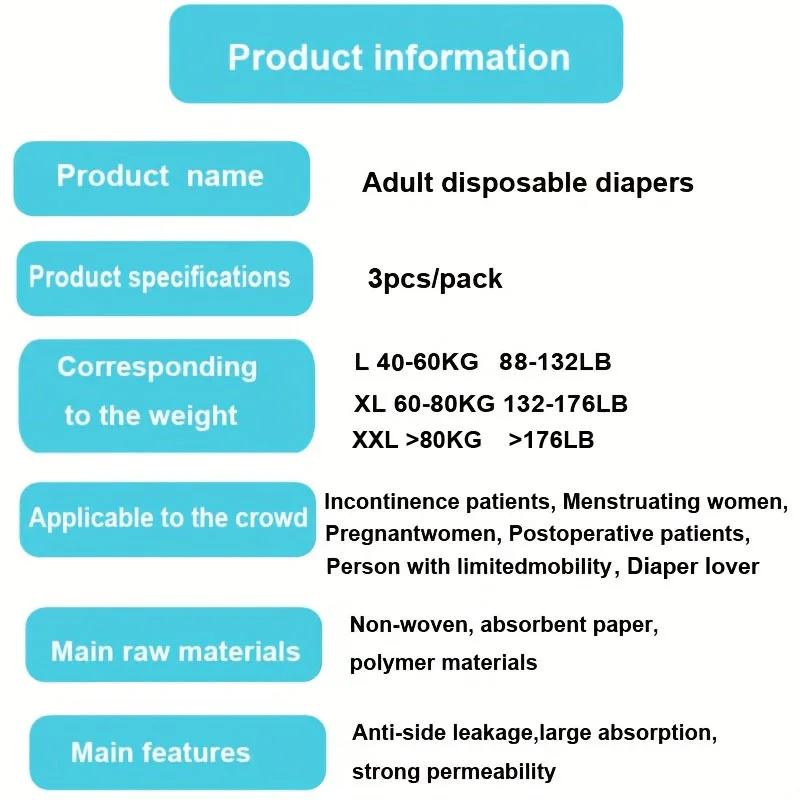 3PCS Disposable Adult Diaper Leakproof Adult Baby Diaper Lover 3000ml Trial Pack Unsiex