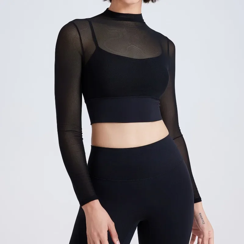 Sexy Mesh  Long Sleeved Bra Sportswear, Running Quick Drying Sports Bra, 1 Cup Fitness Top, Tight Pants