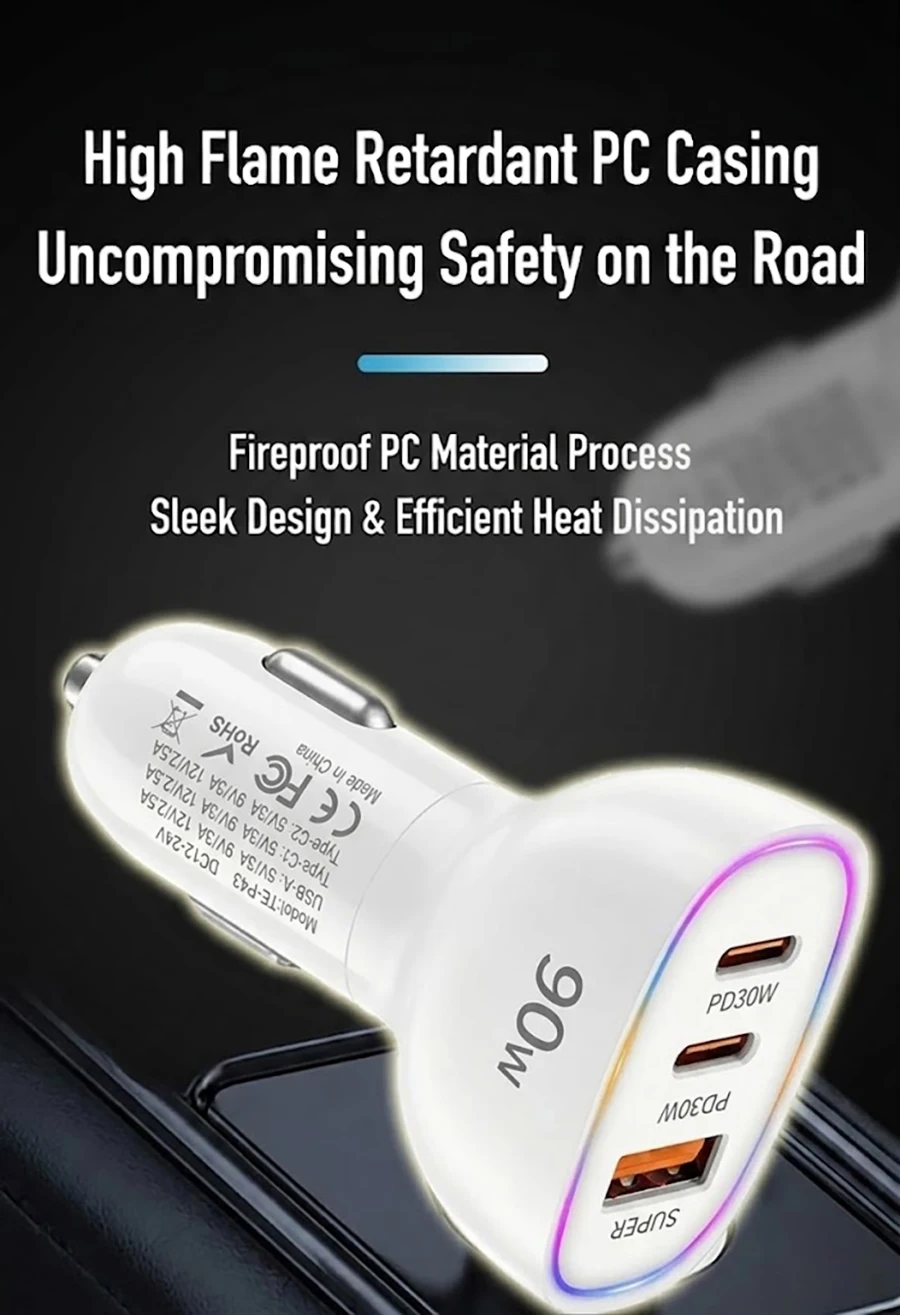 Fast Car Charger 90W 3 Ports Multi USB C PD 30W and USB A QC 30W Automobile Power Adapter with Glowing Ring For Smart Devices