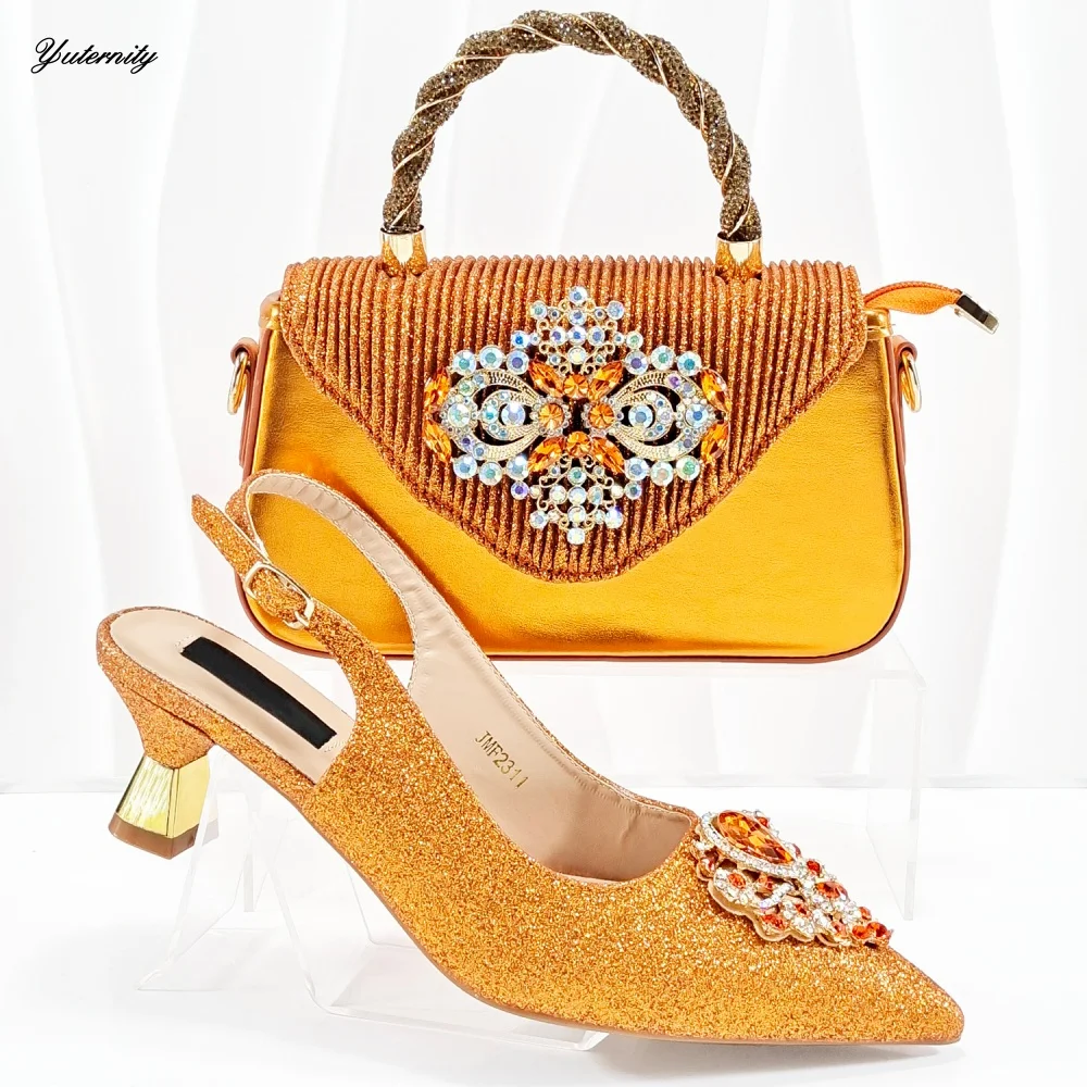 

Новинка: комплект из оранжевых женских туфель и сумки с кристаллами, модные африканские туфли на высоком каблуке и сумка для свадебного платья