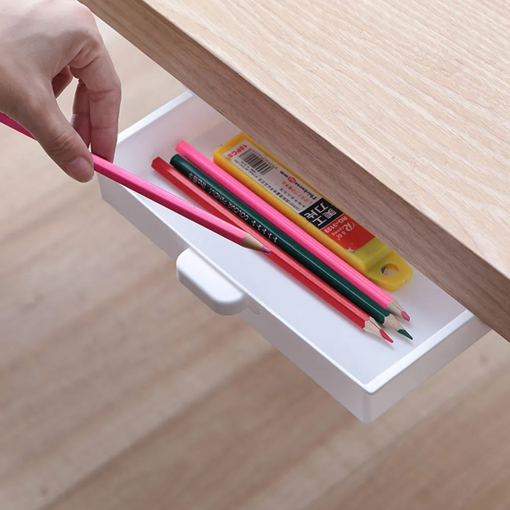 3Pcs Self-Adhesive Under Desk Drawer Hidden Pencil Holder Stationery Organizer Storage Box for Office Desk Kitchen Supplies