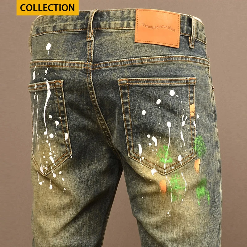 

Designer Fashion New Men's Jeans Painted Scratches Washed Nostalgic Stretch Slimming Retro Blue Jeans High Quality Pants Hombre