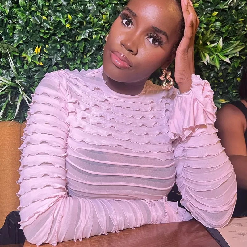 여성용 핑크 티셔츠, 캐주얼 긴팔 크롭탑, O넥 풀오버, 베이스 티, 바디콘 티셔츠, 2024 가을