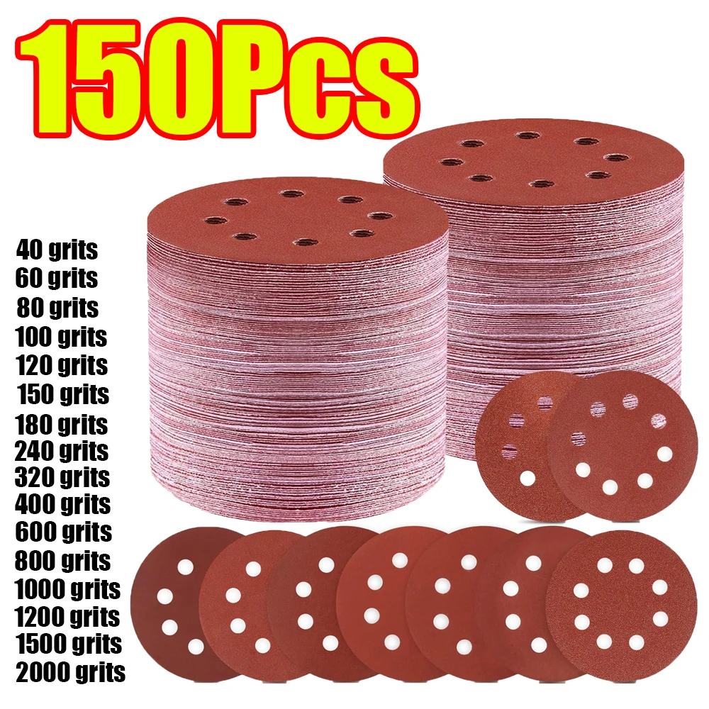 150 Stück 5 Zoll 8-Loch Schleifpapier 125mm Runde Lochschleifscheiben mit Klettverschluss 40-2000 Körnung für Exzenterschleifer Polierwerkzeug