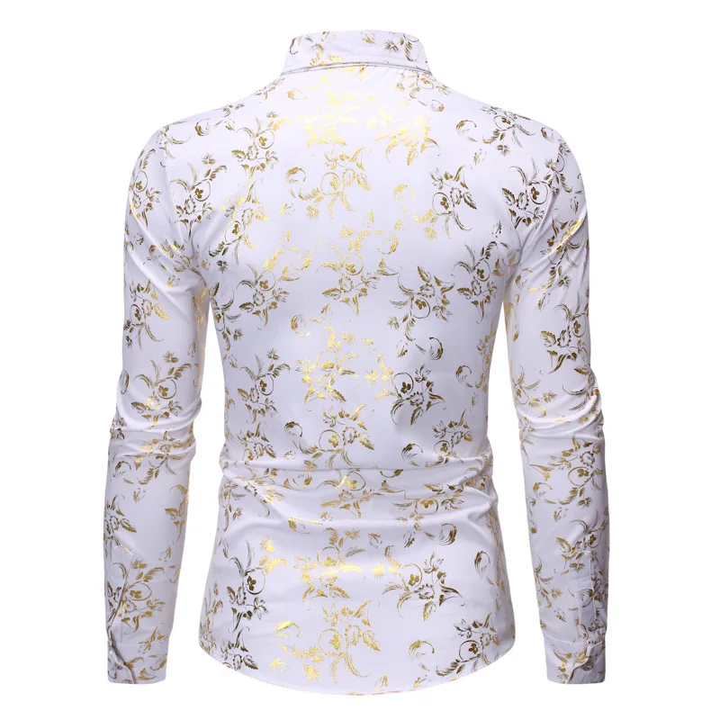 New Men Gold Stamp Printed Loose Shirt Black / White / Wine Red Fashion Male Business Social Casual Lapel Tops