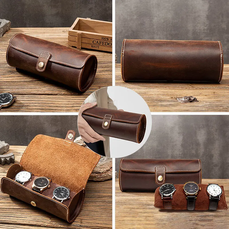 Cow Leather 3 Slot Watch Box Handmade Watch Roll Travel Case Wristwatch Pouch Exquisite Retro Slid in Out Organizer