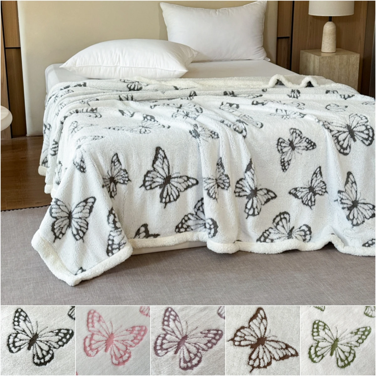 Double Layer Jacquard Butterfly Pattern Cozy Winter Warm Blanket Soft Taffeta Lamb Wool Thick Warm Throw Blanket