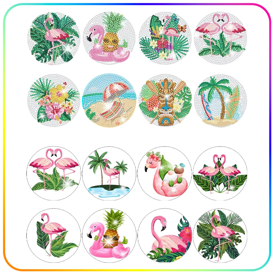 

RUOPOTY 5D Diamond Painting Coasters Flamingo Cup Mat Diamond Mosaic Paintings Set Stitch Waterproof 8pcs Crafts Home Decoration