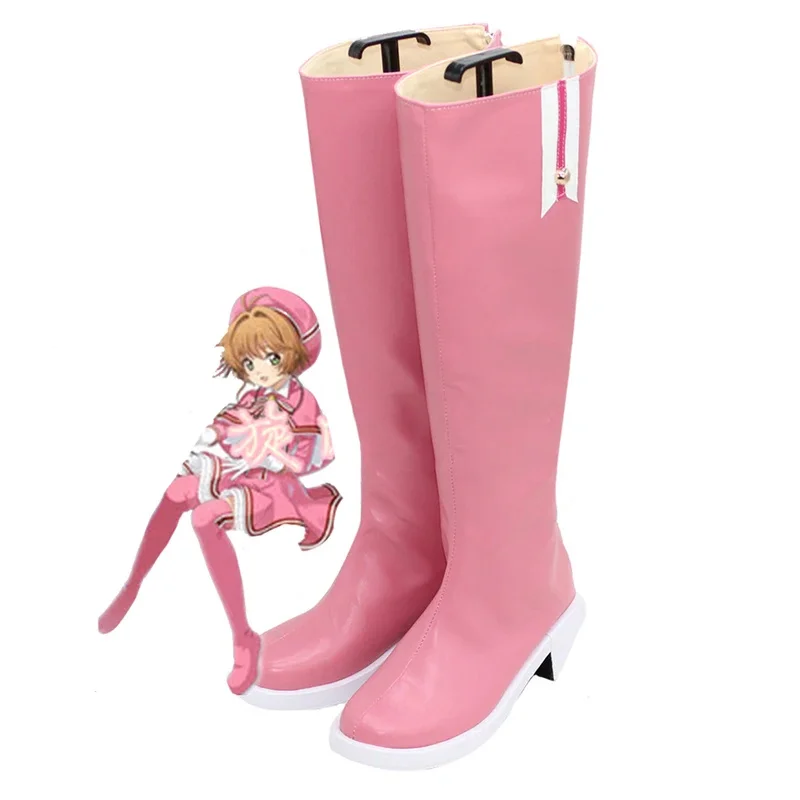 

dd54New Cardcaptor Sakura Clear Card Shoes Knee Length PU Leather Cosplay Boots Pink High Heels Zipper Type Size