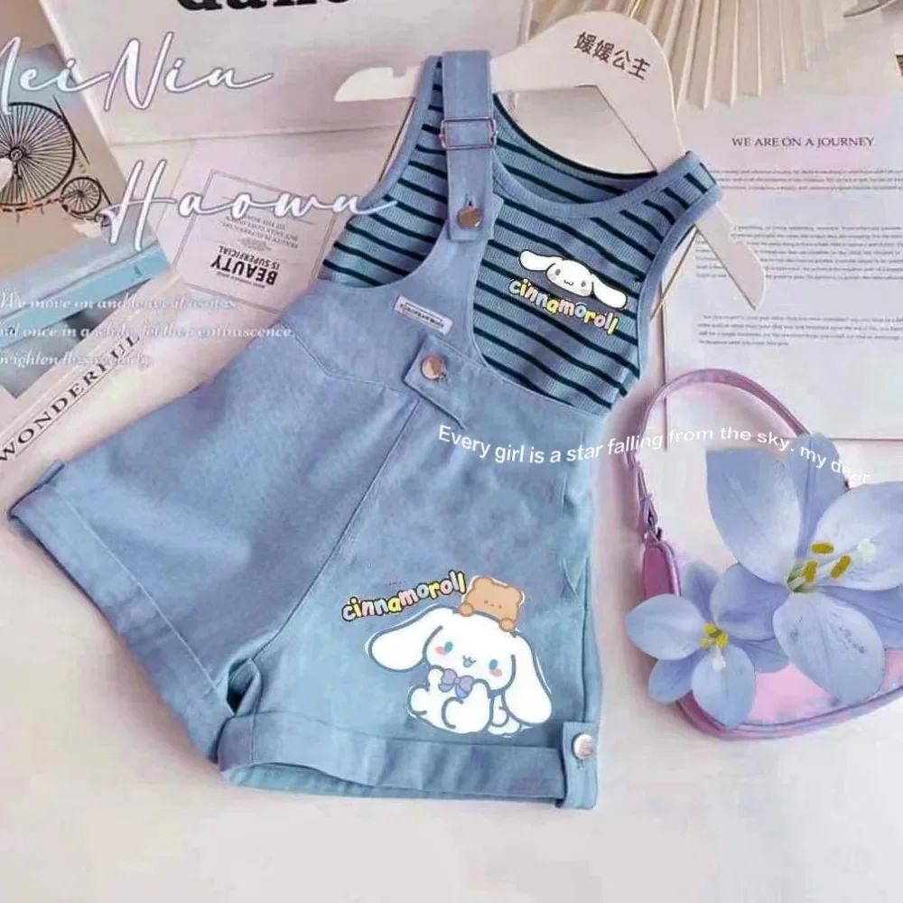 

Sweet Sanrio Kawaii Kuromi Girls Vest Single Shoulder Strap Pants Summer Ins Cute Cinnamoroll Print Fashion Clothing Kids Gifts