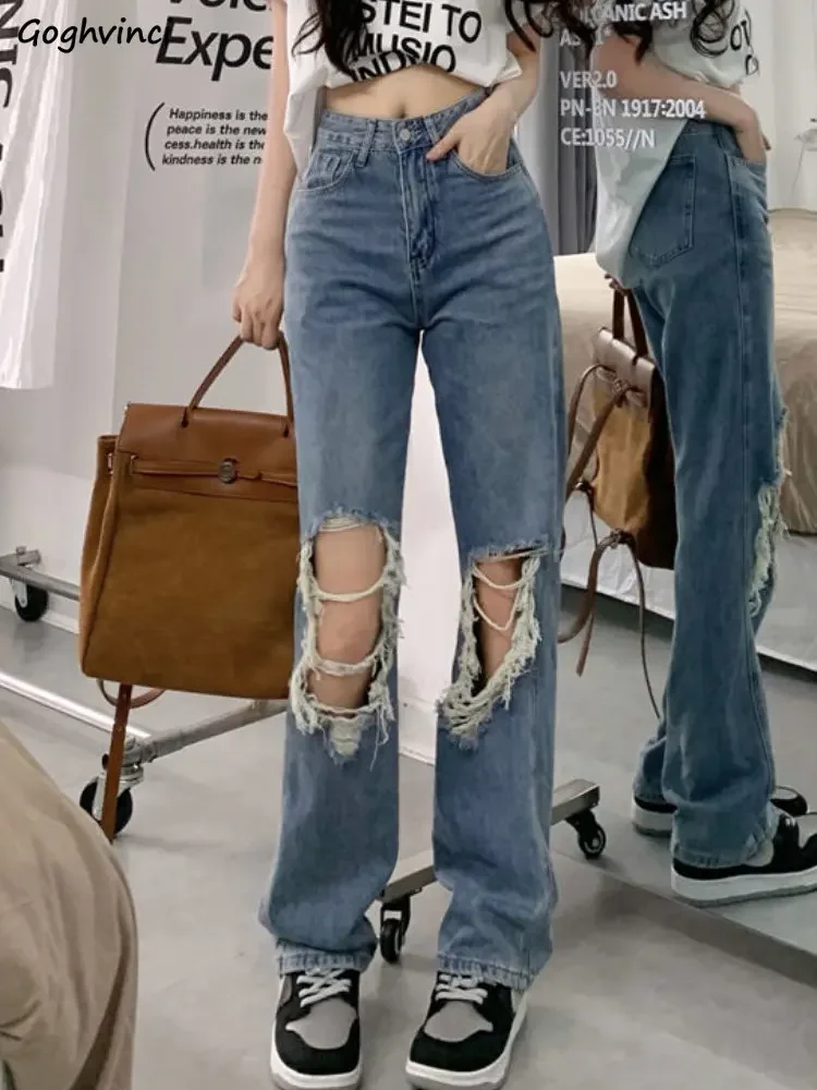 

Джинсы с дырками, женские рваные ретро мешковатые уличные брюки, универсальные широкие брюки, корейский стиль, модные летние повседневные брюки с высокой талией