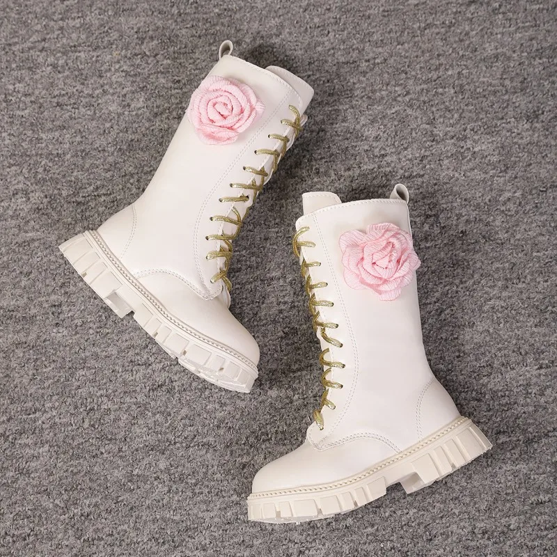 Toddler Girl Pink Long Boots Girl'S Fashionable High Boots Girls' 3d Floral Leather Boots Trendy Shoes Girls Waterproof Boot
